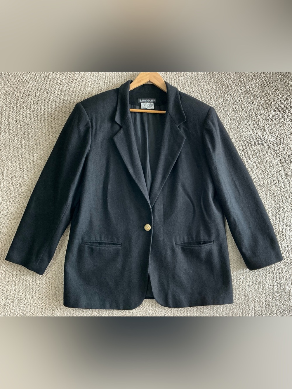 Savannah Women’s Black 100% Wool Blazer Jacket Gold Button Size 14 Vintage Style